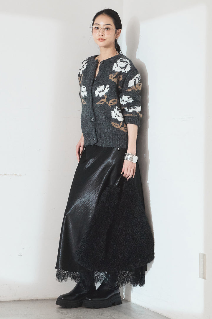 [SET]花柄ジャガードニットカーディガン+裾レースデザインサテンスカート(2set)