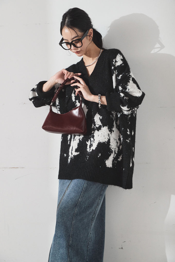 [SET]アブストラクト柄ニットプルオーバー+フロントジップデニムスカート(2set)