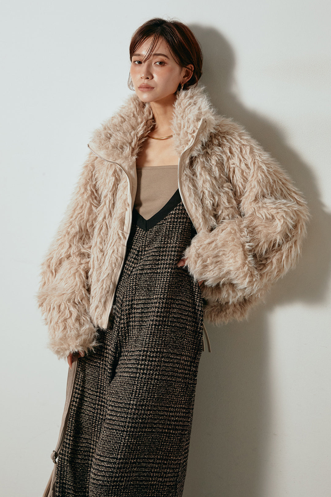 [SET]ミックスシープファースタンドブルゾン+前後2wayグレンチェック柄スカーチョサロペット(2set)