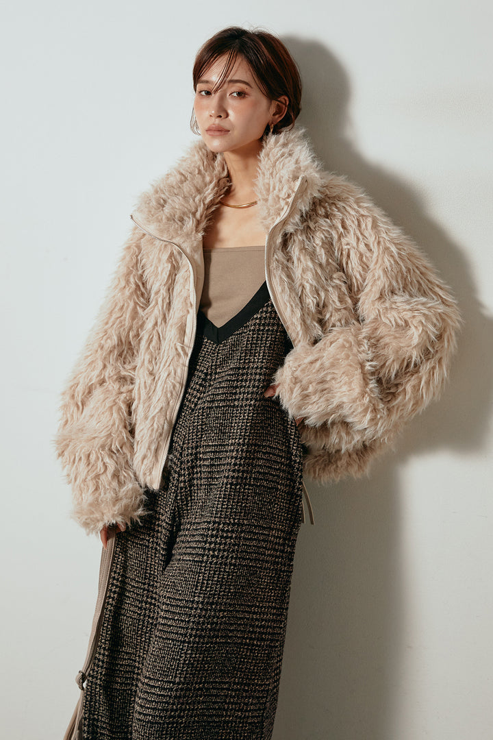 [SET]ミックスシープファースタンドブルゾン+前後2wayグレンチェック柄スカーチョサロペット(2set)