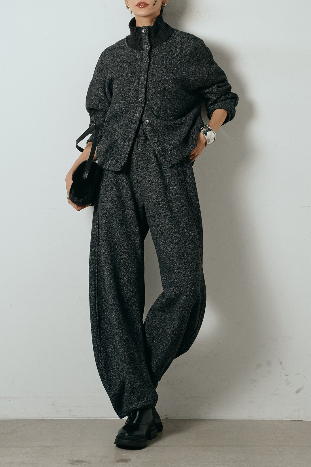 [SET]リブスタンドネックボタントップスSETUP