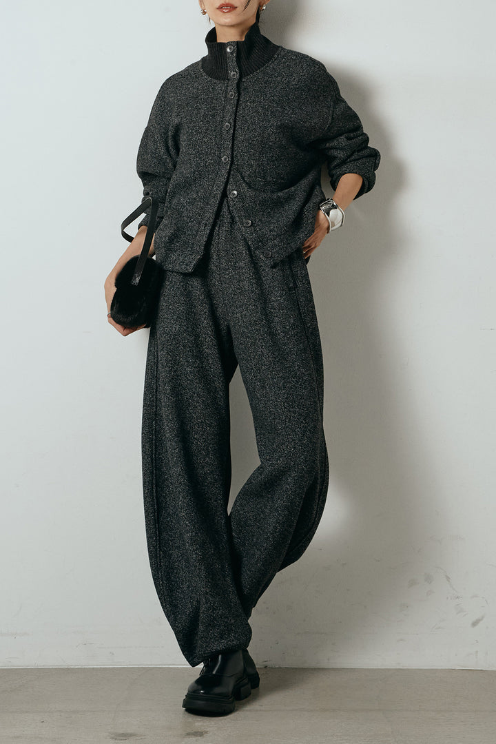 [SET]リブスタンドネックボタントップスSETUP