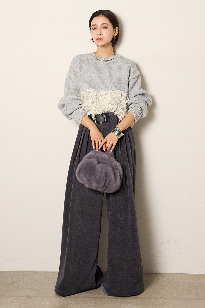 [SET]ループ編み切り替えニットプルオーバー+ベルトループコーデュロイワイドパンツ(2set)