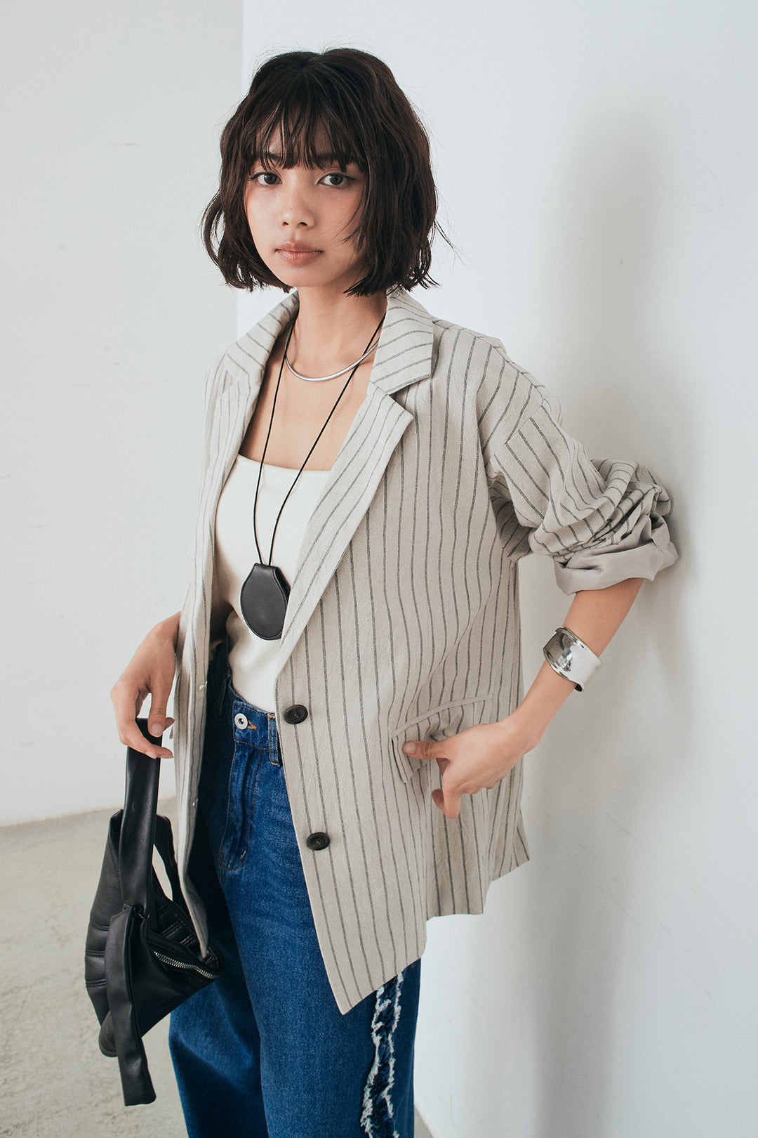 [SET]リネンライクストライプテーラードジャケット+デニムサイドフリルパンツ(2set)