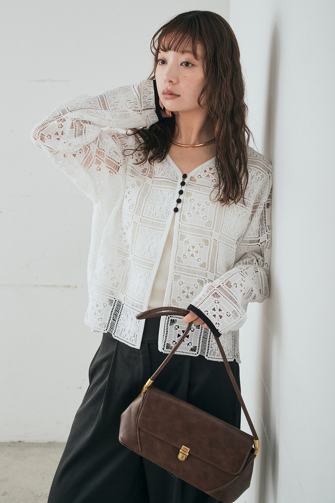 [SET]クロシェレースカーディガン+センタープレスセミワイドパンツ(2set)