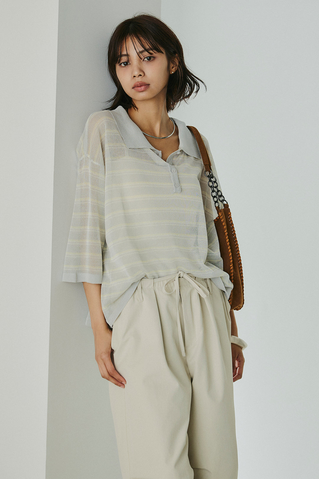 [SET]ボーダーニットポロシャツ+ニーサイドタックウエストドロスパンツ(2set)