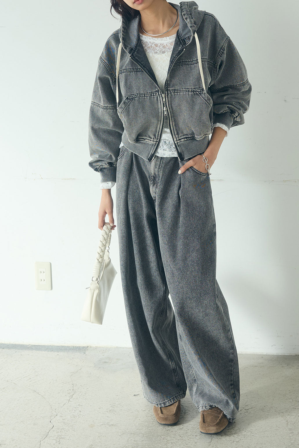 [SET]デニムダブルジップパーカーブルゾン+デニムタックカーブパンツ(2set)