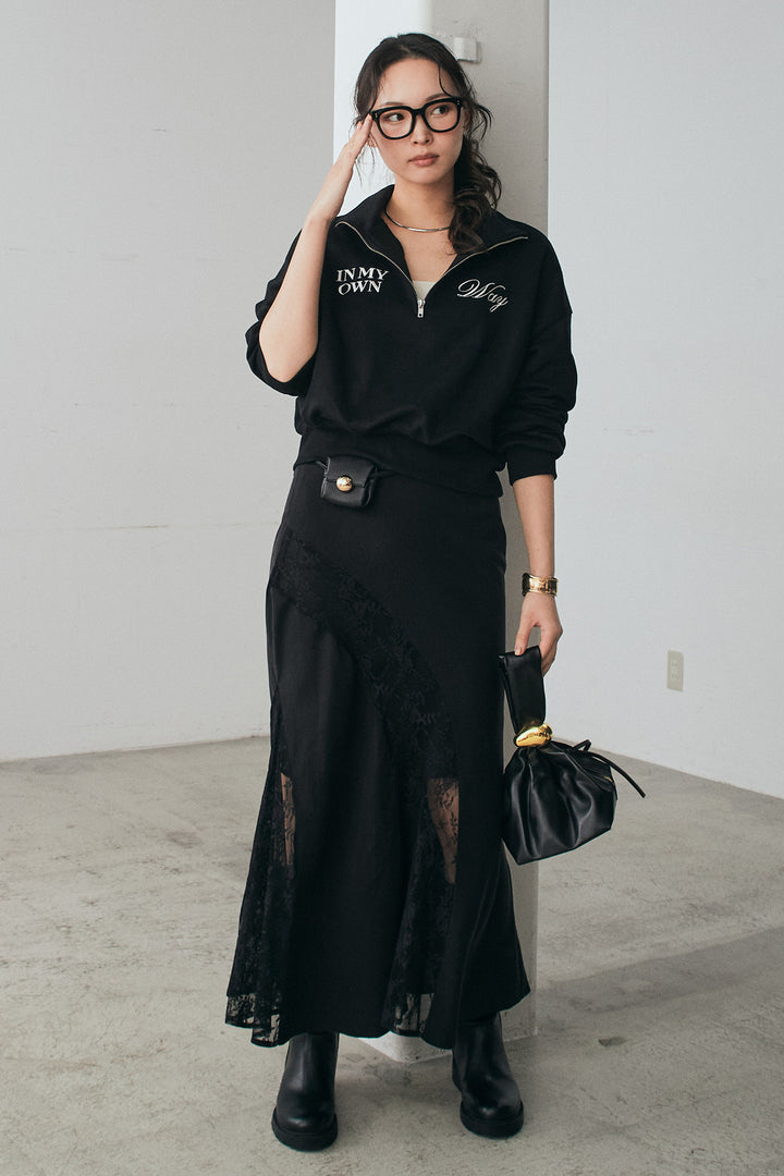 [SET]裏毛ロゴ刺繍ハーフZIPスウェット+刺繍レースデザインサテンスカート(2set)