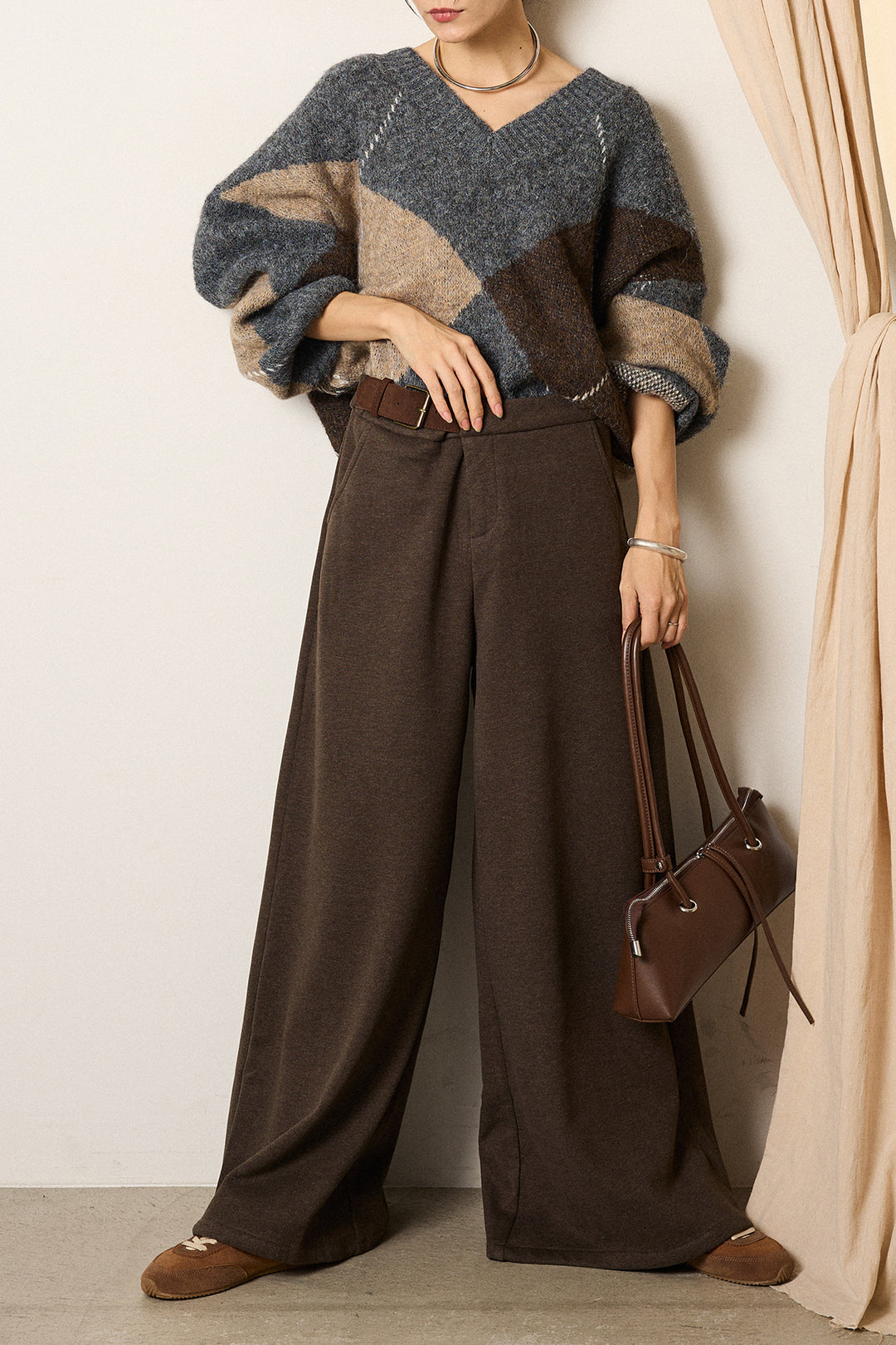 [SET]ルーズアーガイルVネックニット+サイドベルトパンツ(2set)
