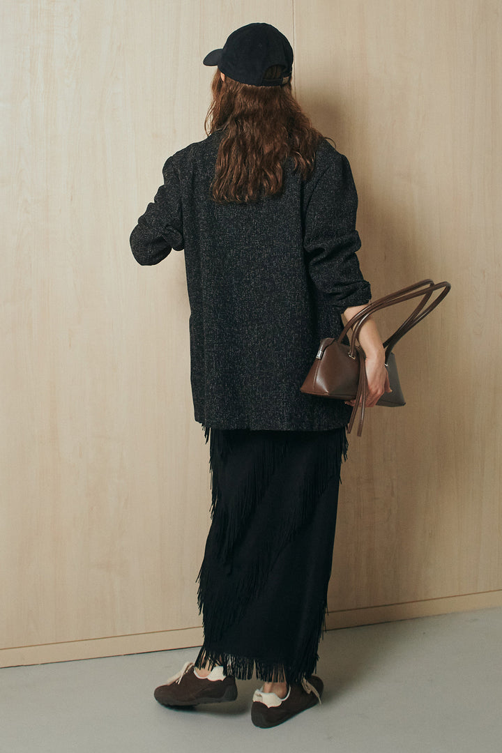 [SET]ミックスツイードベルト付きジャケット+斜めフリンジデザインスカート(2set)