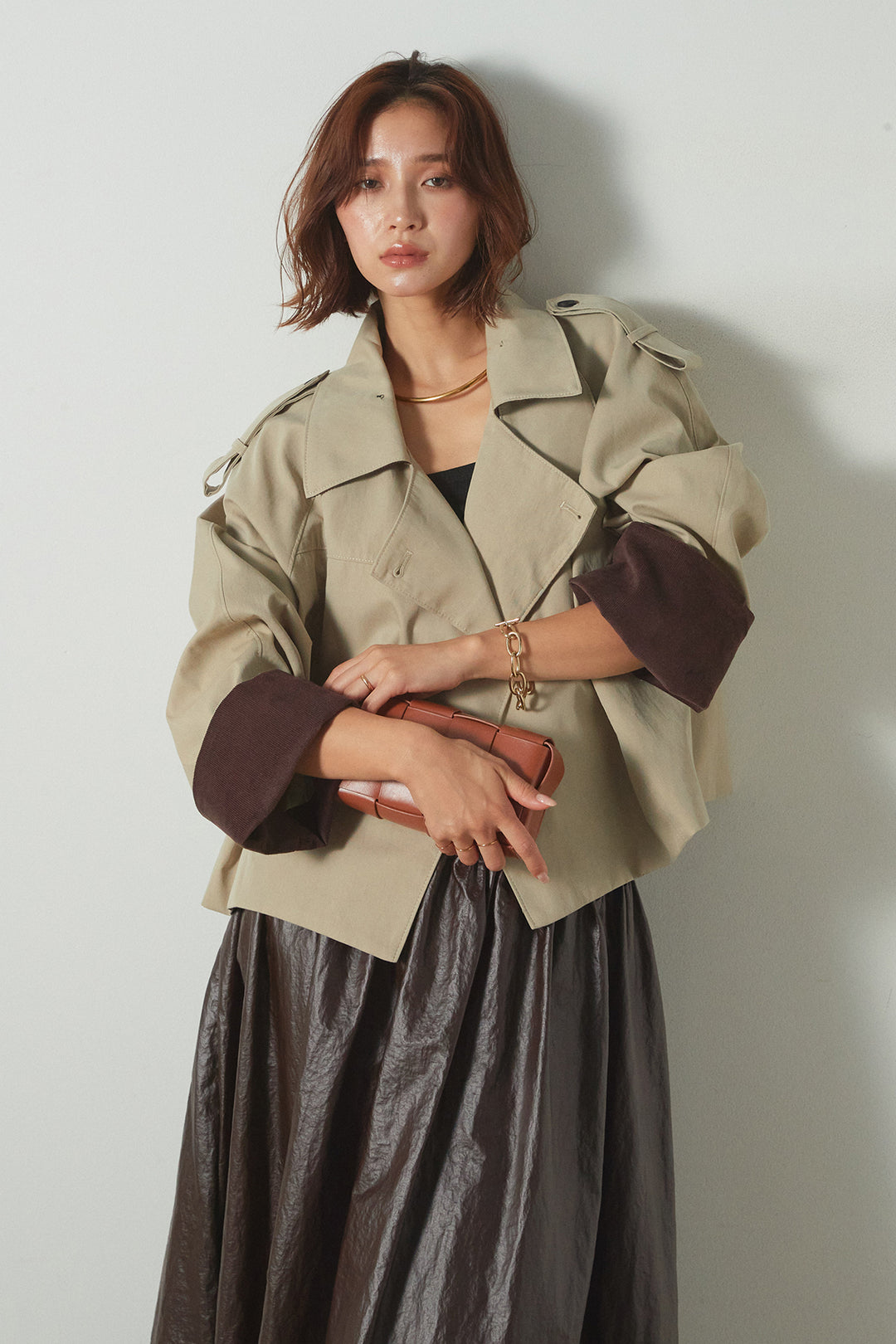[SET]ハイネック配色ジャケット+フェイクレザーウエストギャザーデザインスカート(2set)