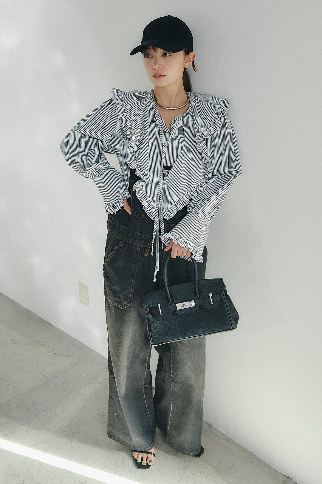 [SET]コットンフリルブラウス+デニムサロペットワイドパンツ(2set)