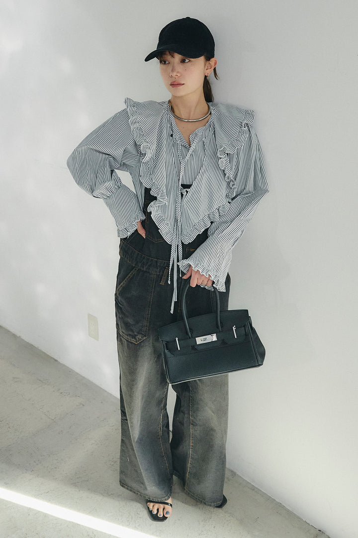 [SET]コットンフリルブラウス+デニムサロペットワイドパンツ(2set)