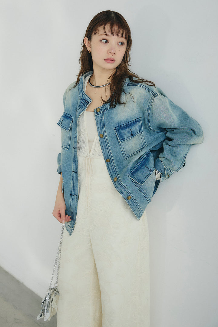 [SET]ノーカラーデニムポケットジャケット+レースサロペット(2set)