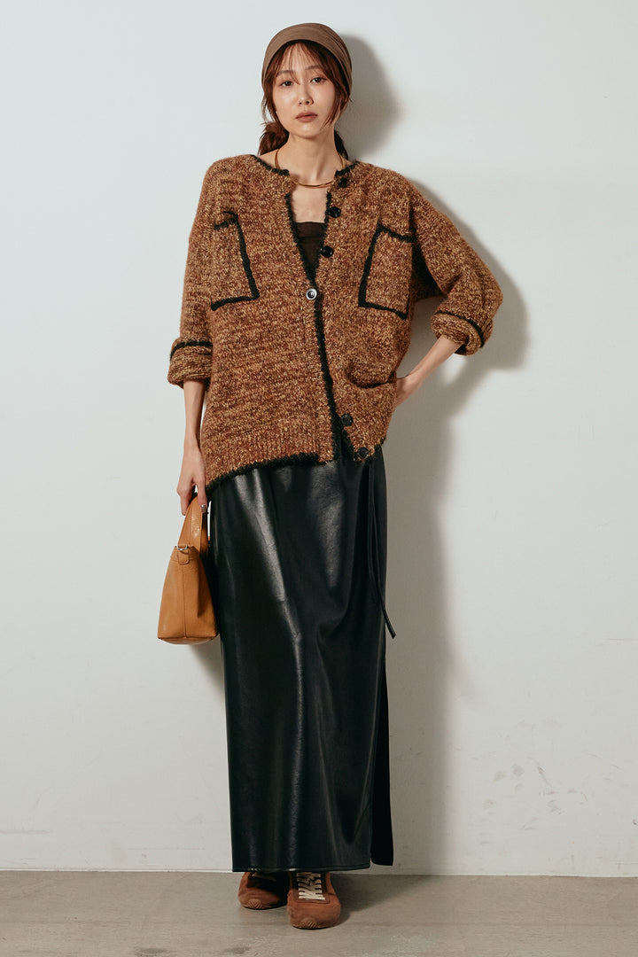 [SET]ミックスニットポケットカーディガン+紐付きフェイクレザーワイドスカート(2set)