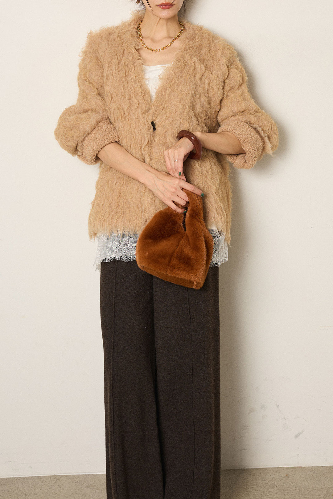 [SET]起毛シャギーニットカーディガン+レース切り替えキャミソール(2set)