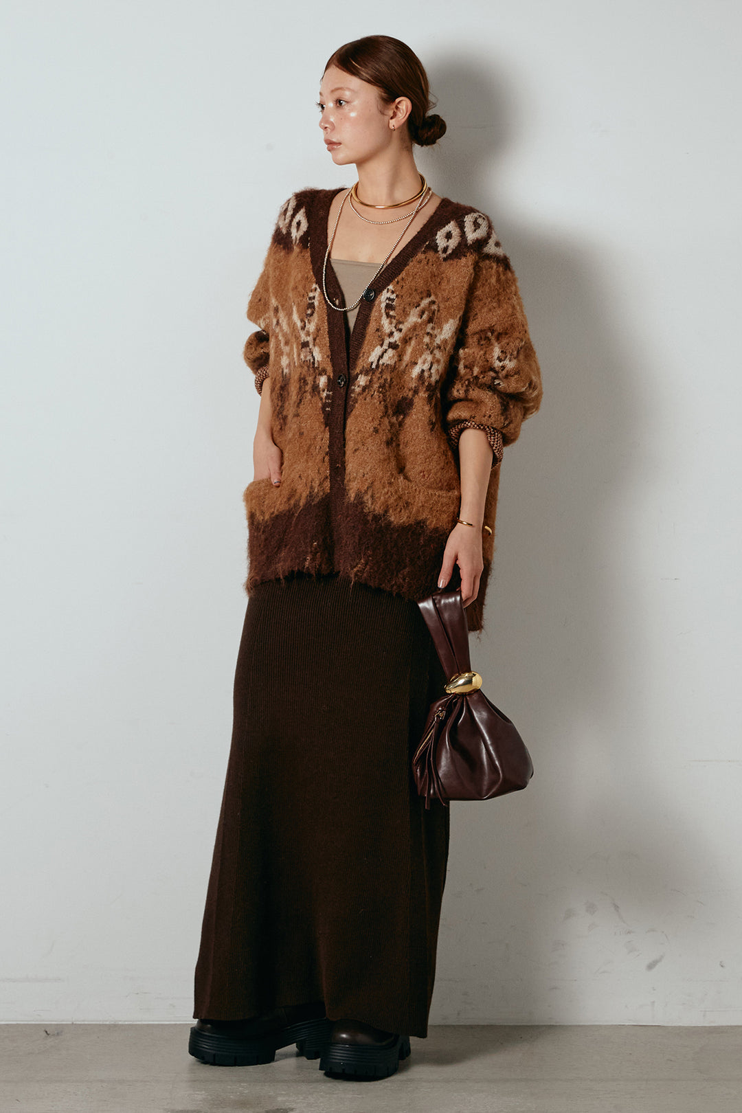 [SET]シャギーニュアンス柄ニットカーディガン+リブナローニットスカート(2set)