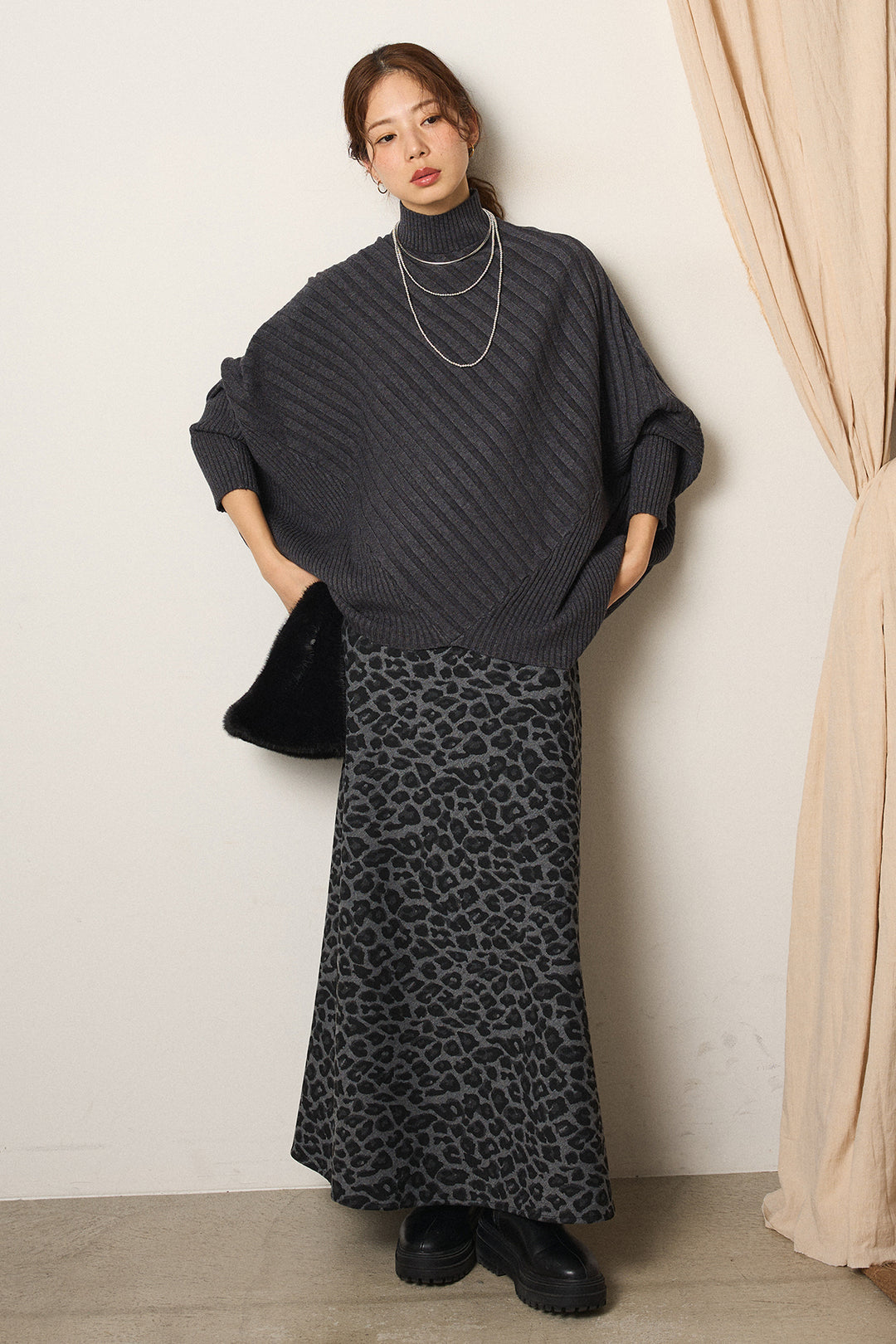 [SET]アシメデザインリブポンチョニットトップス+レオパードロングスカート(2set)