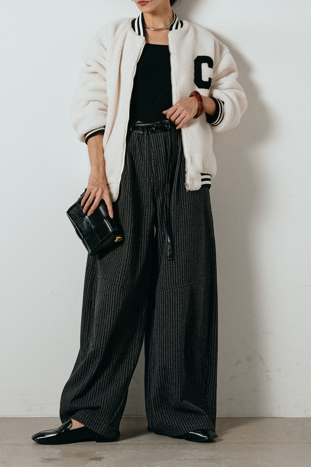 [SET]ロゴスタジャンボアブルゾン+レザーライク配色ストライプパンツ(2set)