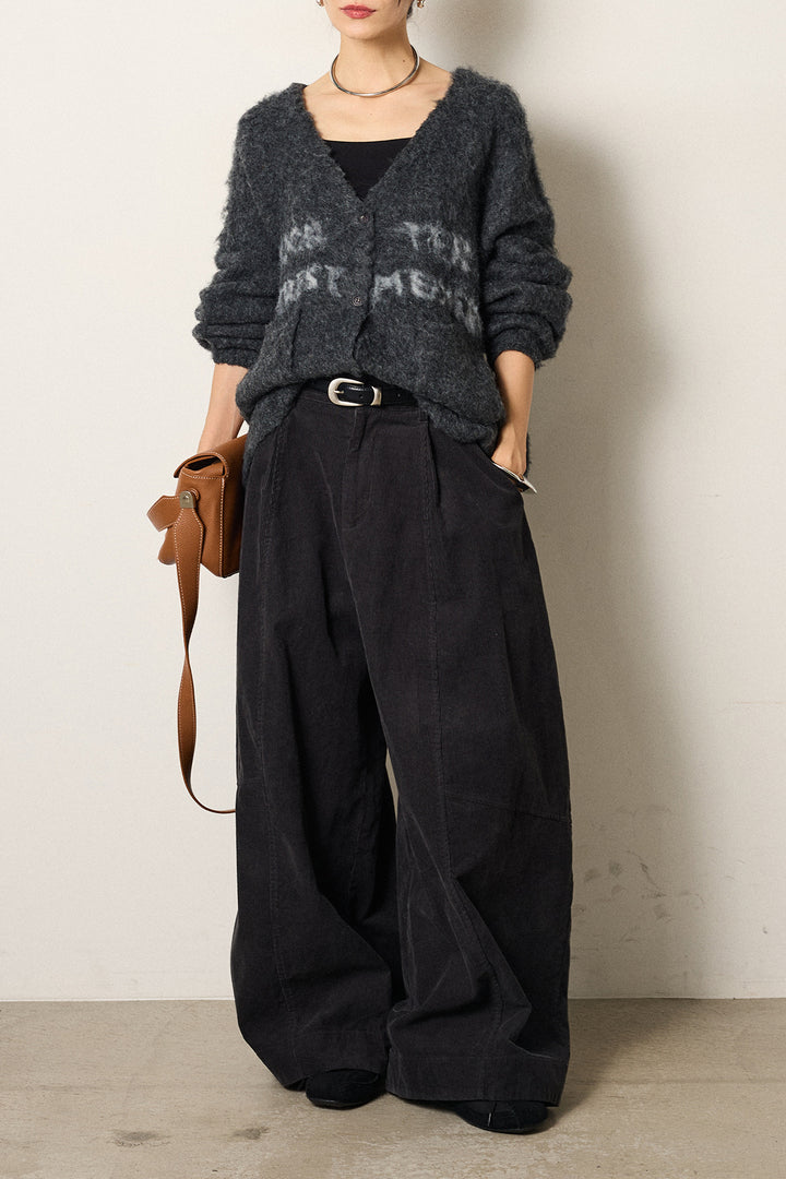 [SET]ウール混透かしロゴニットカーディガン+タック入りコーデュロイワイドパンツ(2set)