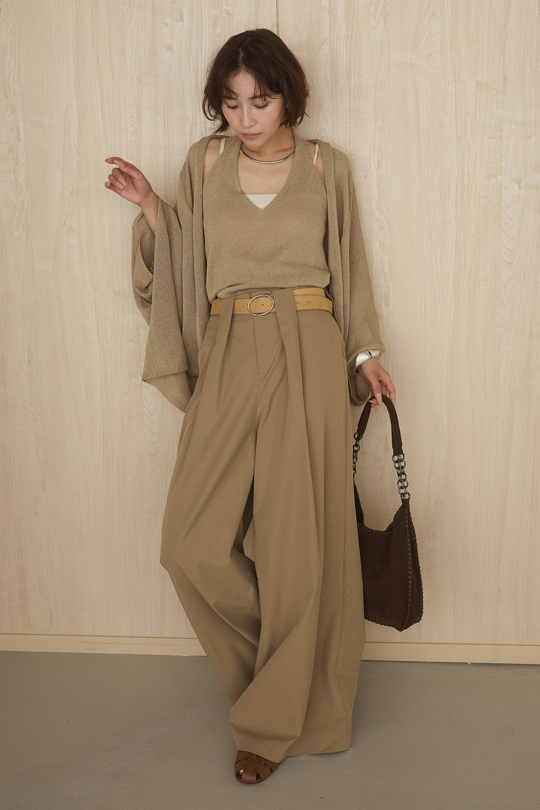 [SET]オーバードルマンカーディガン+ベルトループデザインハイウエストタックパンツ(2set)