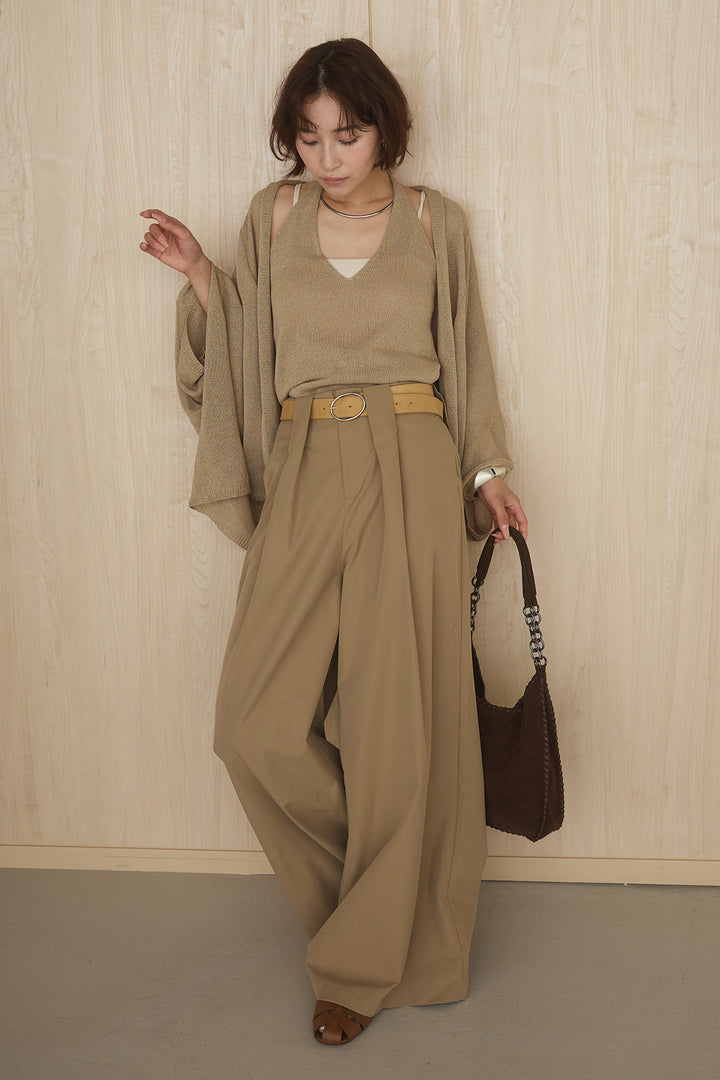 [SET]オーバードルマンカーディガン+ベルトループデザインハイウエストタックパンツ(2set)