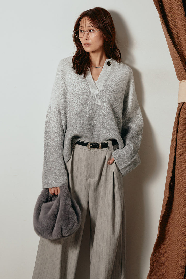 [SET]グラデーションラメニットキーネックプルオーバー+ストライプヘリンボーンパンツ(2set)