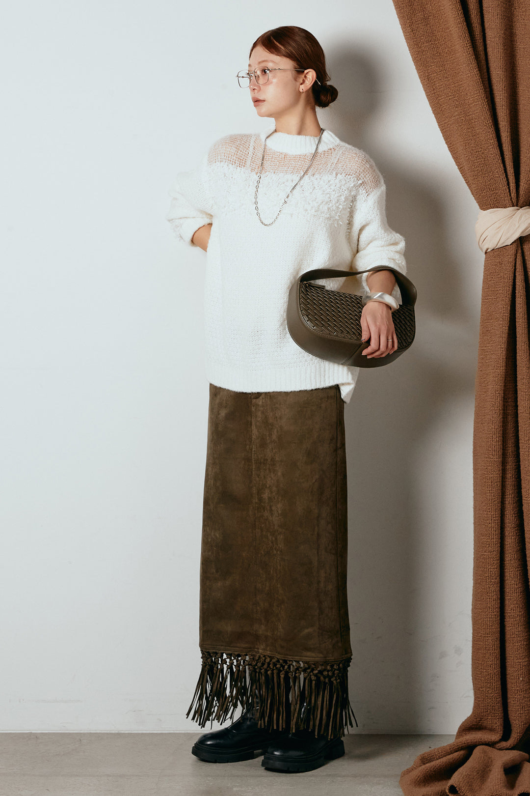 [SET]パターンランダム編みニットトップス+スウェードライク裾フリンジスカート(2set)