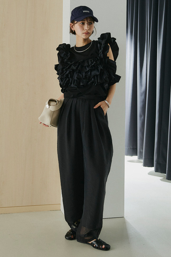 [SET]天竺ナイロンドッキングビスチェ風トップス+オーガンジータックパンツ(2set)