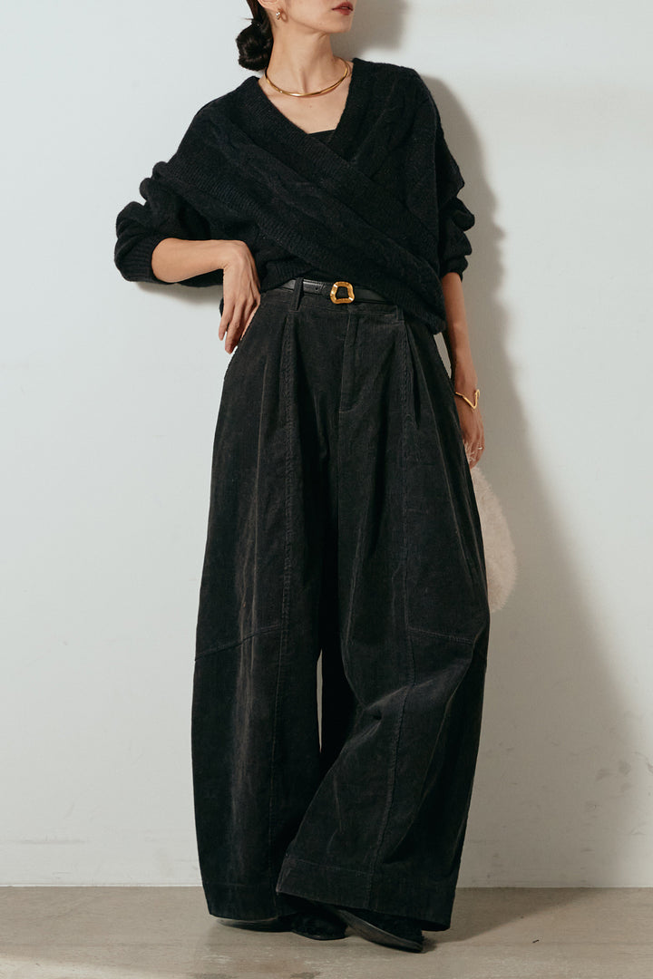 [SET]ケーブルカシュクールニットトップス+タック入りコーデュロイワイドパンツ(2set)