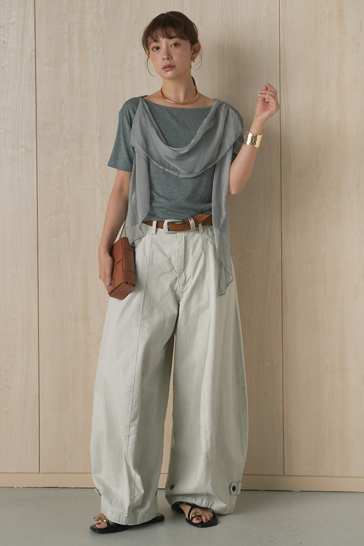 [SET]シフォン付きドレープ半袖カットソー+裾ボタン付きバレルパンツ(2set)