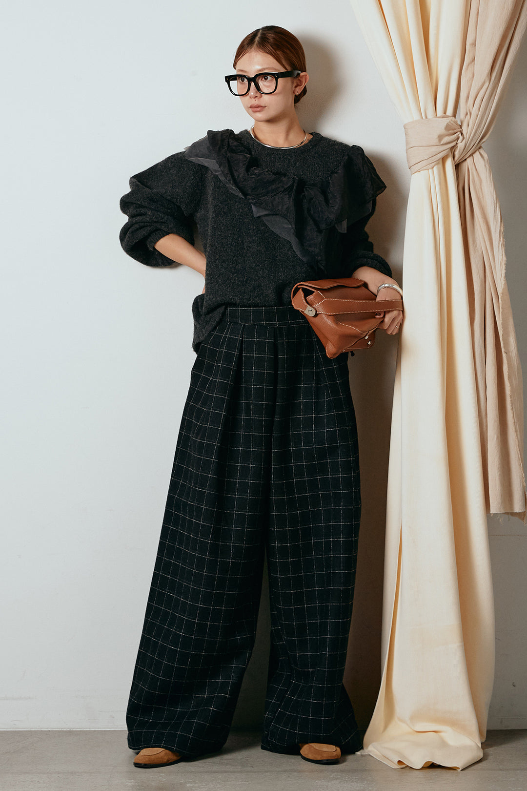 [SET]アシンメトリーフリルニットトップス+ウールライクチェックタックパンツ(2set)