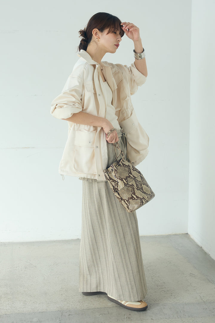 [SET]サテンライトブルゾン+ラップ巻きピンストライプワイドスカート(2set)