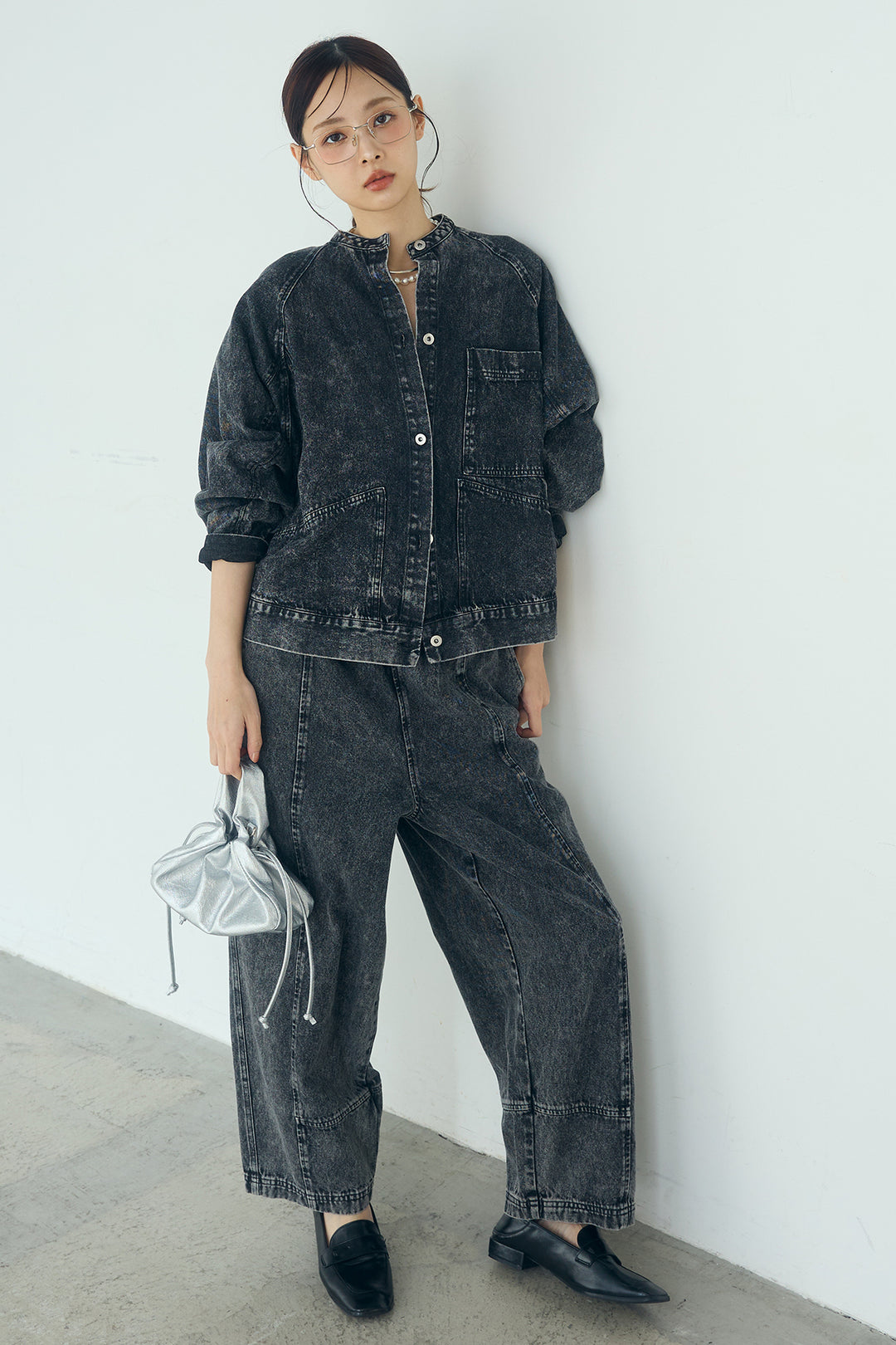 [SET]カラーデニムケミカル加工ノーカラーブルゾン+カラーデニムケミカル加工コクーンパンツ(2set)