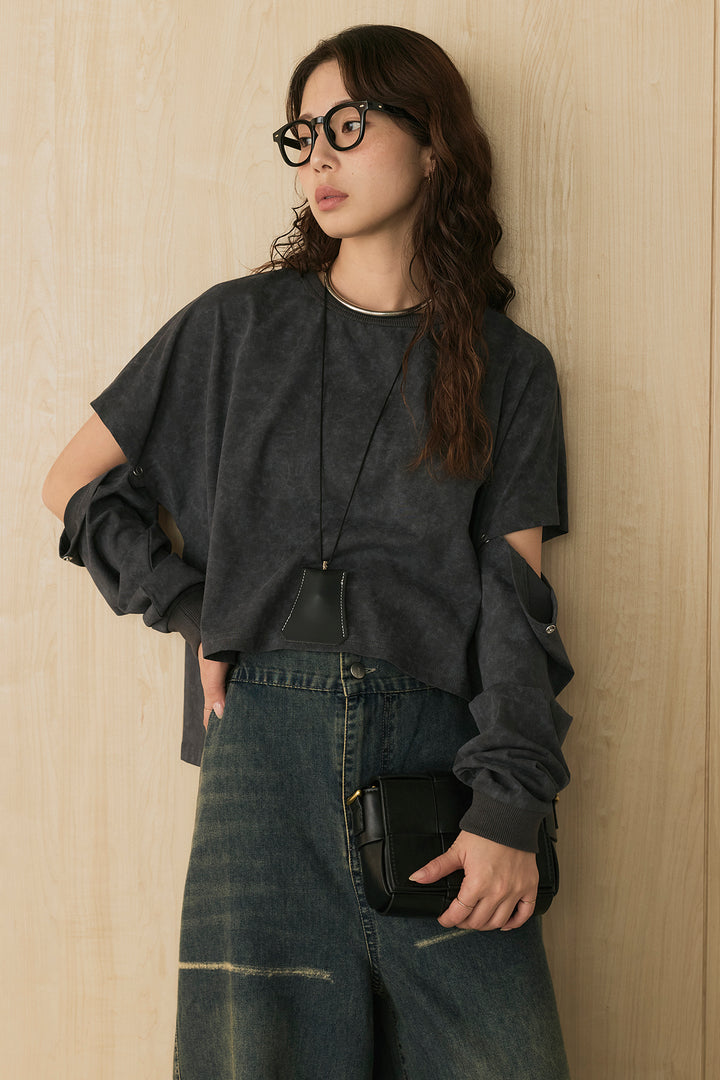 [SET]セパレートフェードTシャツ+ランダムダメージデニムワイドパンツ(2set)