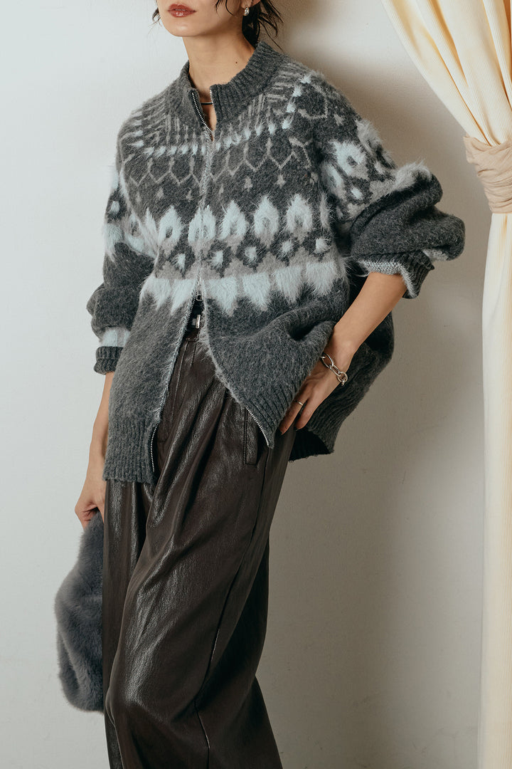 [SET]起毛ダブルジップパターンニットカーディガン+ベルト付きレザーライクタックパンツ(2set)