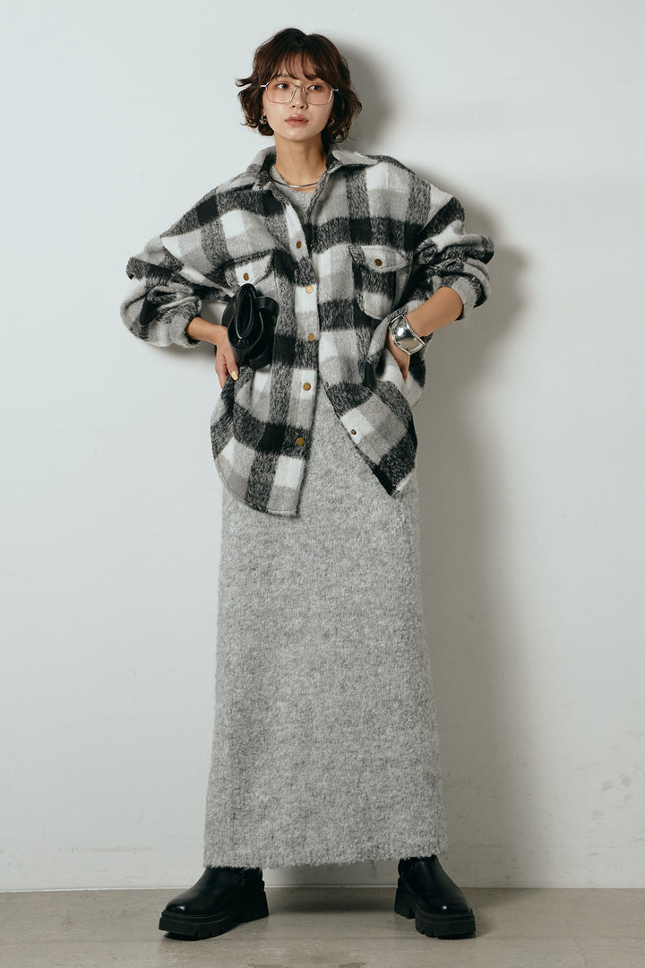[SET]起毛チェック柄ポケットアウター+起毛ノースリーブニットロングワンピース(2set)