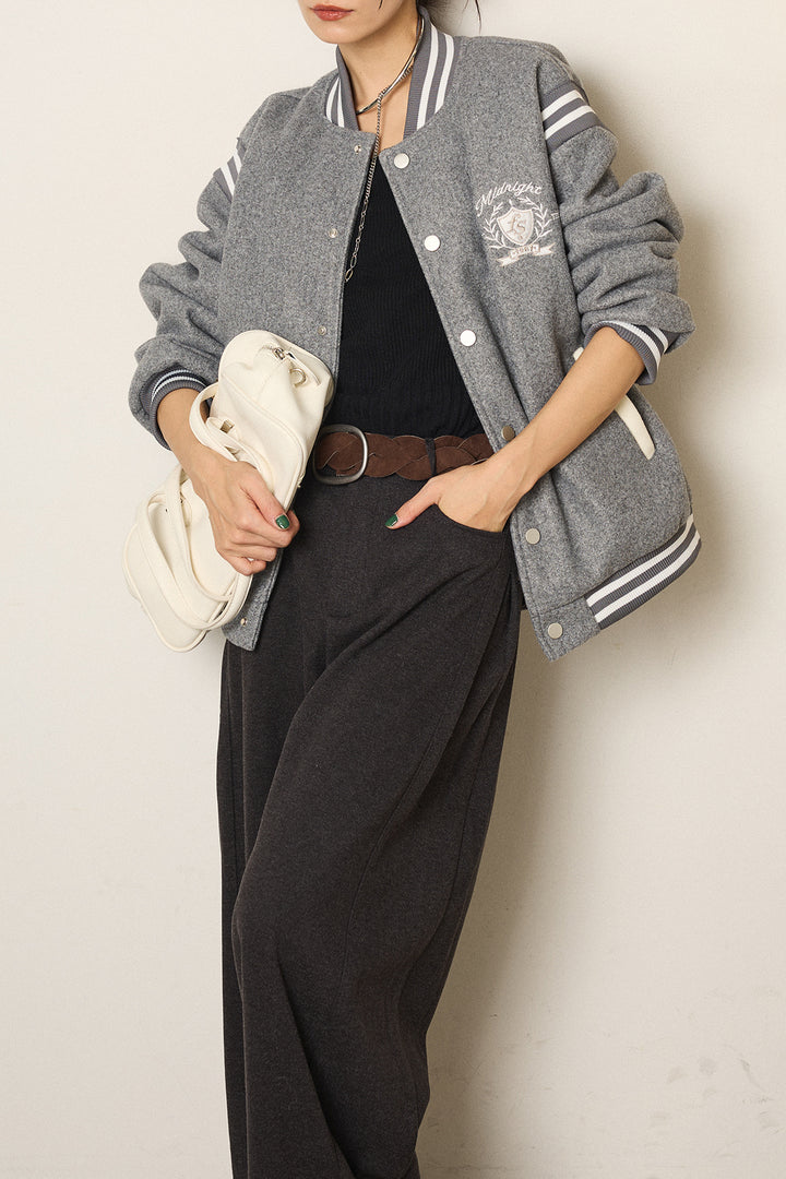 [SET]ワンポイントデザインブルゾン+編みベルト付きワイドパンツ(2set)