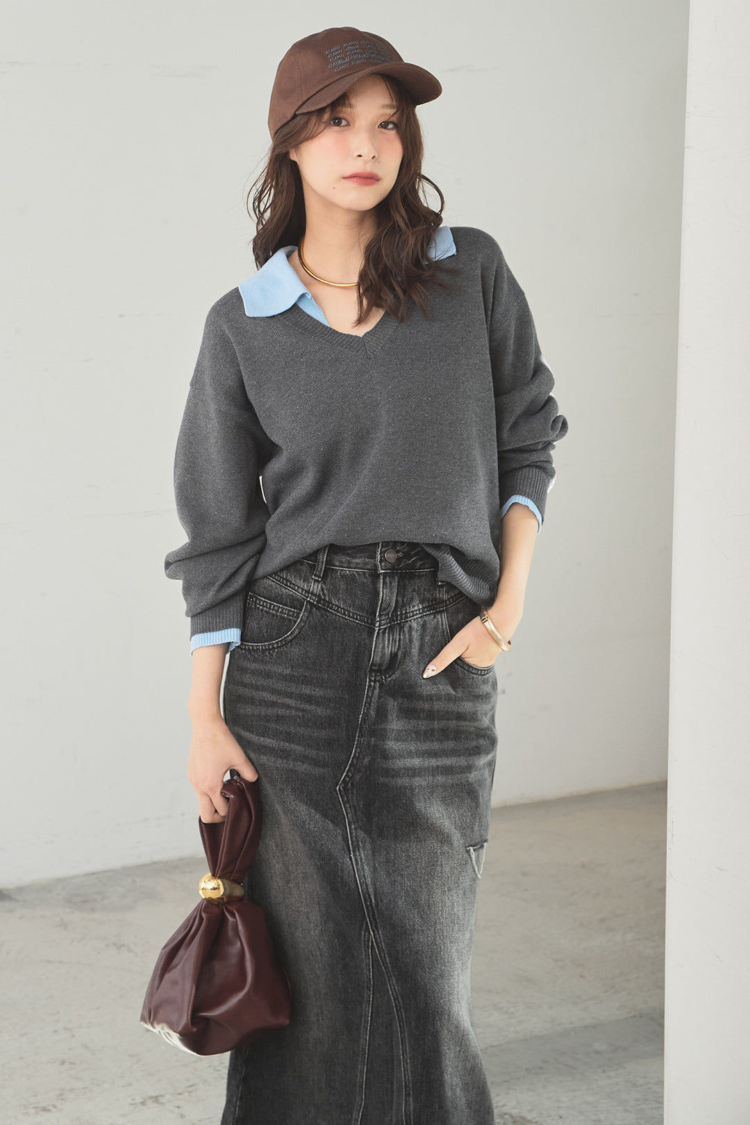 [SET]バイカラーニットレイヤード風プルオーバー+Aラインデニムスカート(2set)