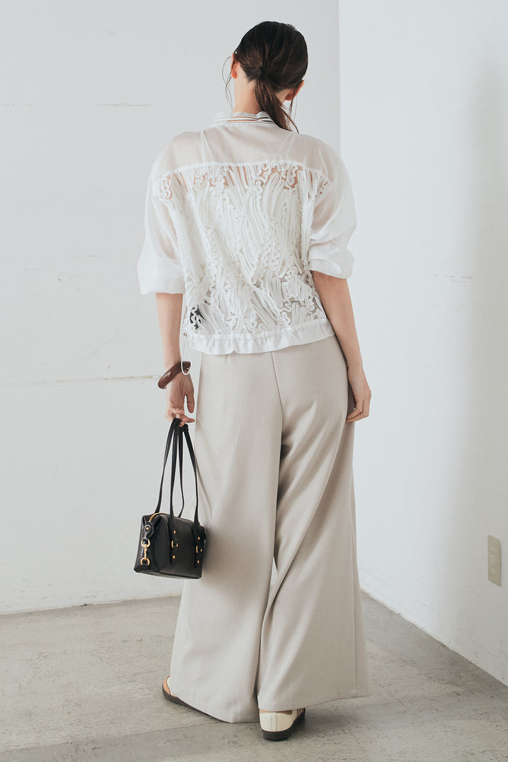 [SET]モチーフ付きシアーブルゾン+ベルト付きツータックワイドパンツ(2set)