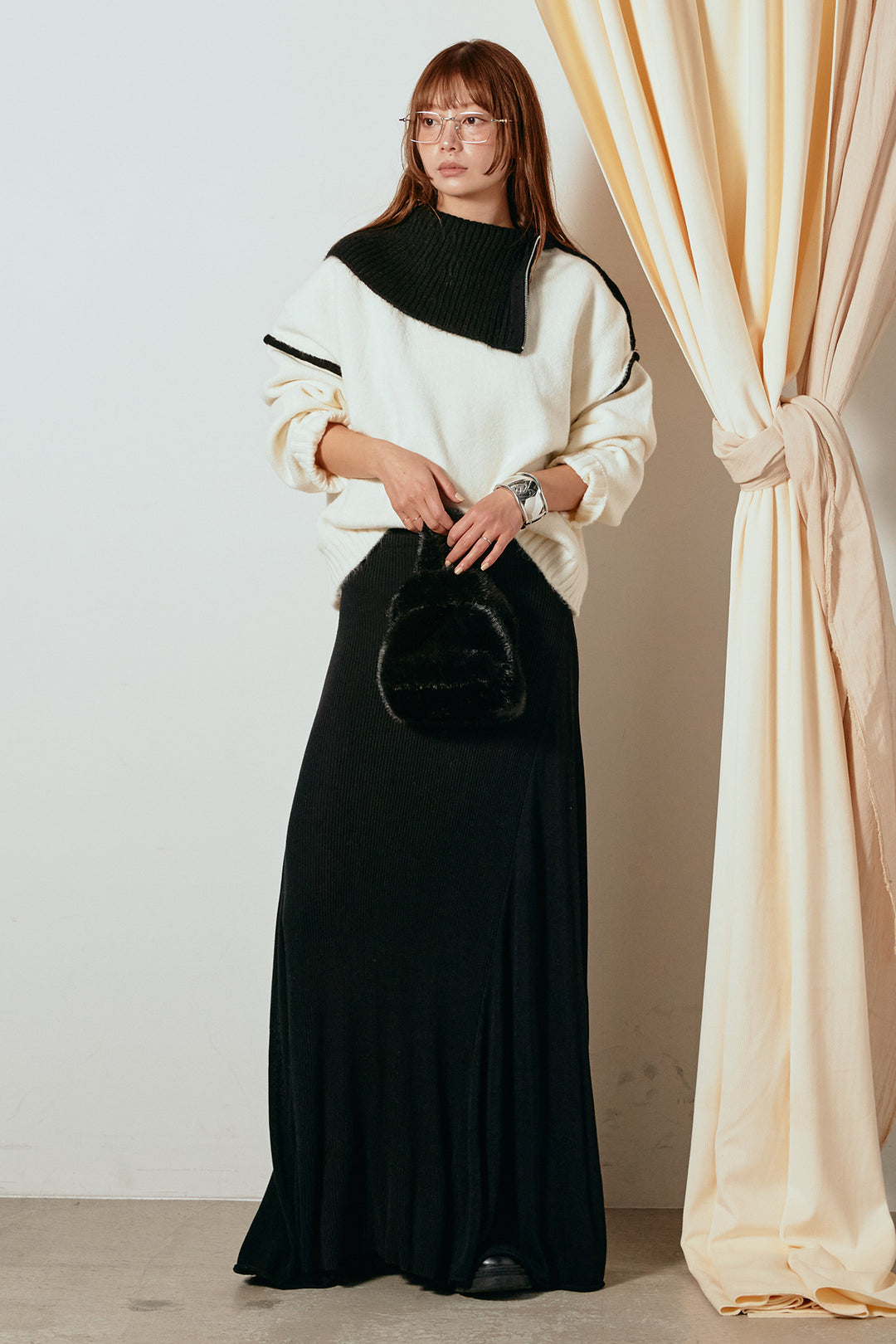 [SET]ハイネックジップデザインニットトップス+サイド切り替えリブニットロングスカート(2set)