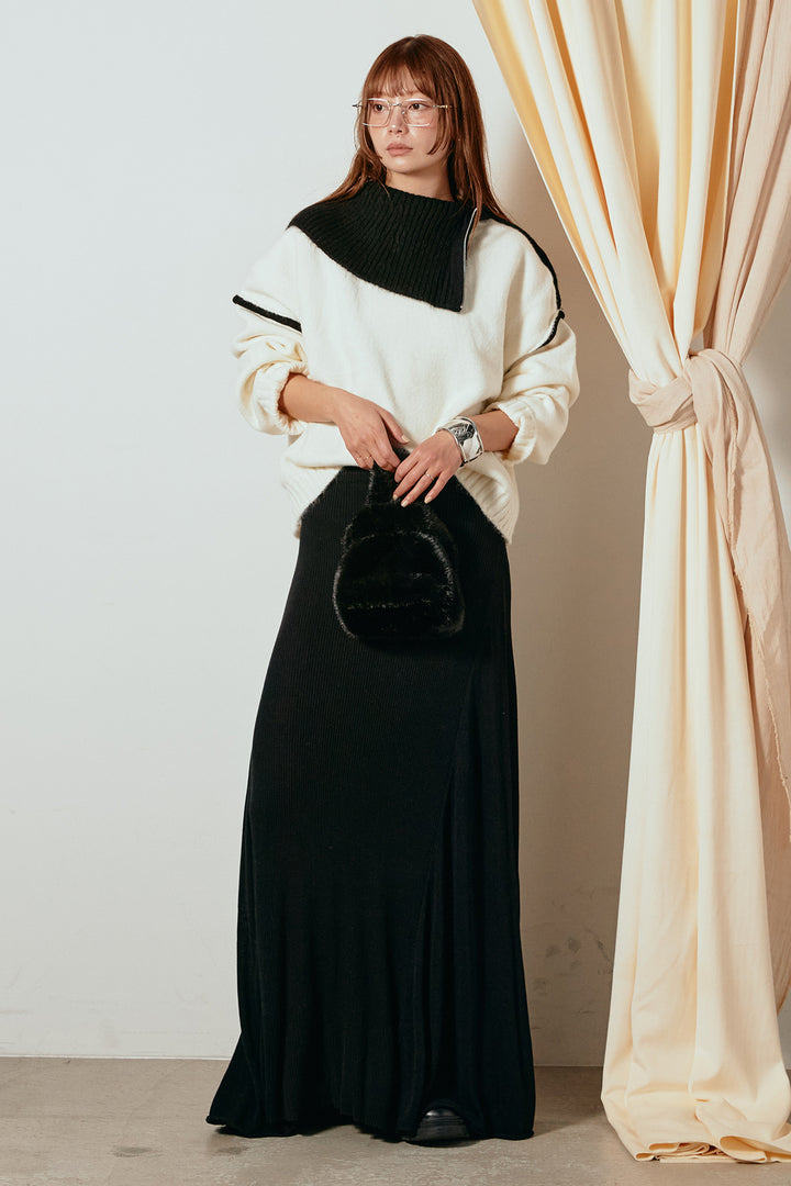 [SET]ハイネックジップデザインニットトップス+サイド切り替えリブニットロングスカート(2set)