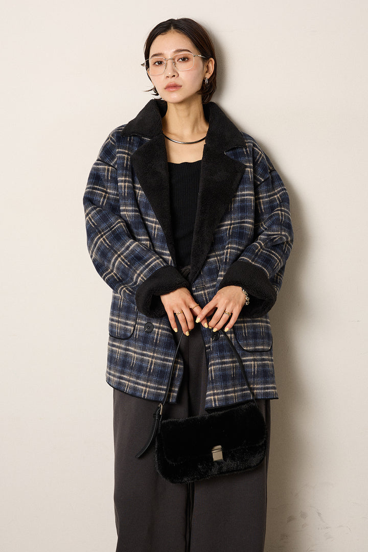 [SET]裏地ボアタータンチェック柄ミディアムコート+裏起毛スウェットワイドパンツ(2set)