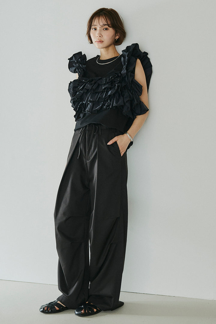 [SET]天竺ナイロンドッキングビスチェ風トップス+ニーサイドタックウエストドロスパンツ(2set)