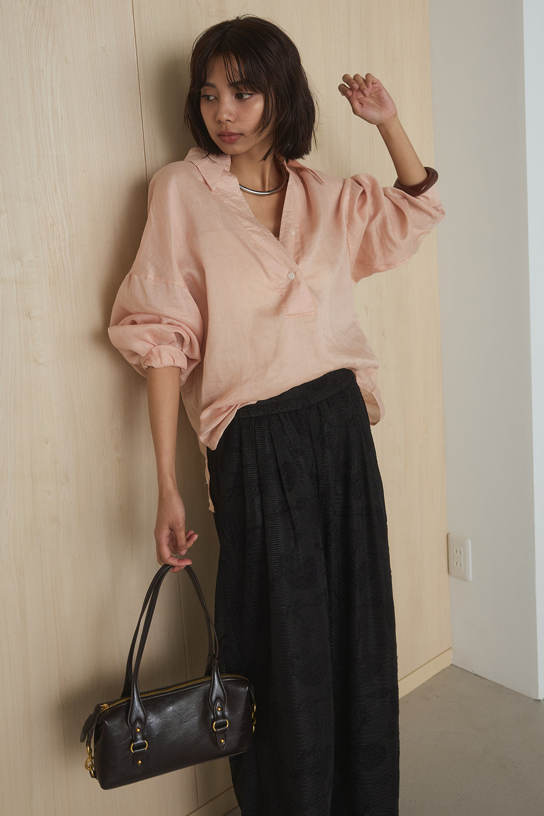 [SET]襟付きボタンブラウス+レースタックストレートワイドパンツ(2set)
