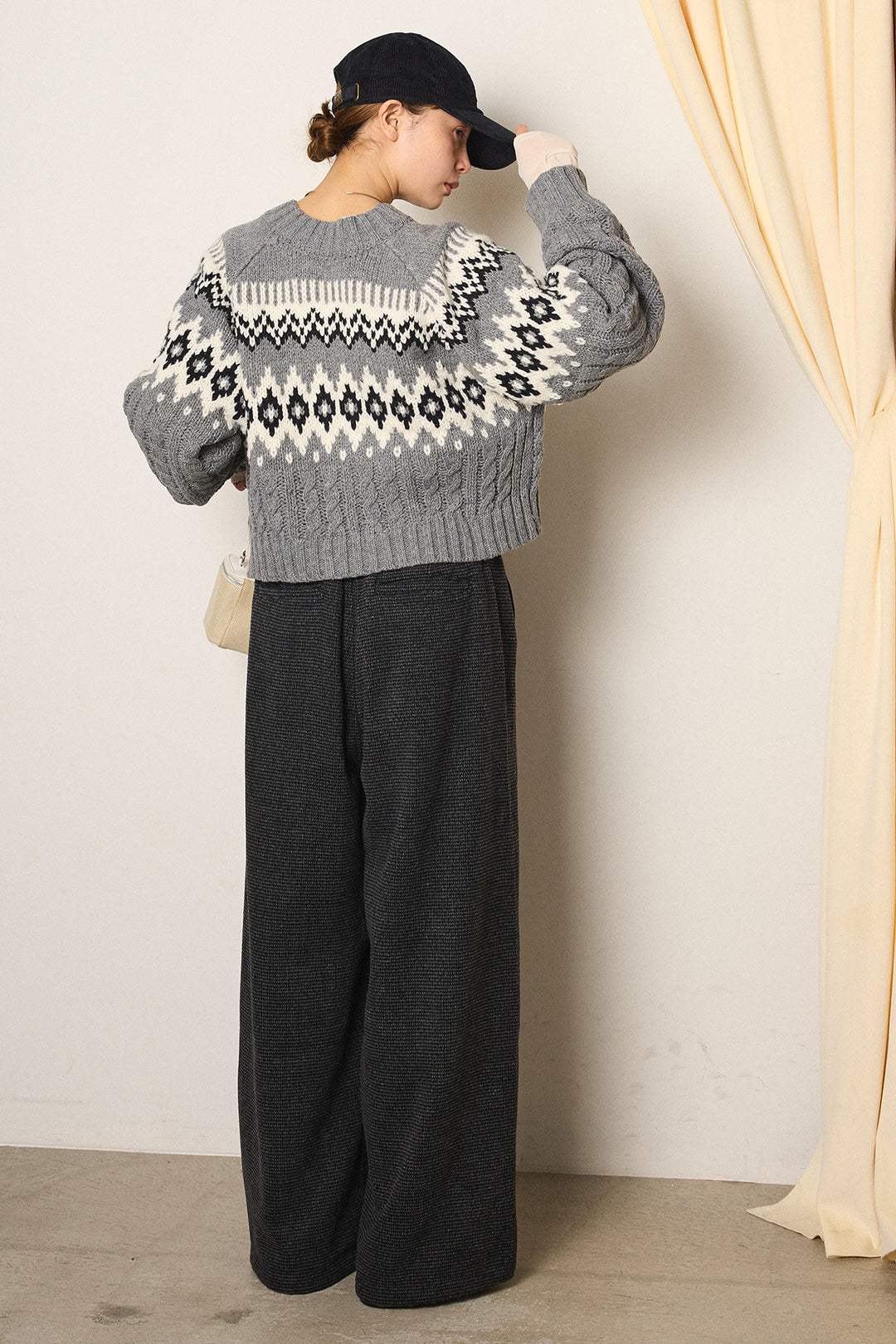 [SET]2WAY求心柄ジャガードショートカーディガン+起毛タック入りツイードワイドパンツ+2WAY袖コード刺繍クルーネックプルオーバー(3set)