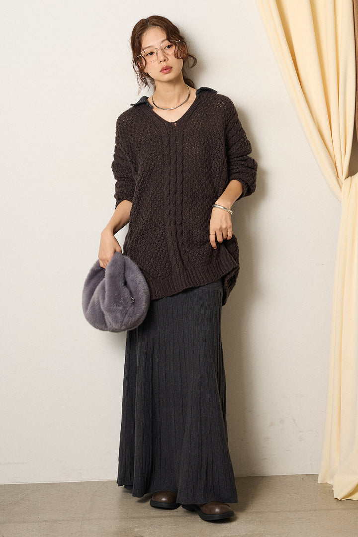 [SET]デニムカラーケーブルオーバーニット+編み地切り替えフレアニットスカート(2set)