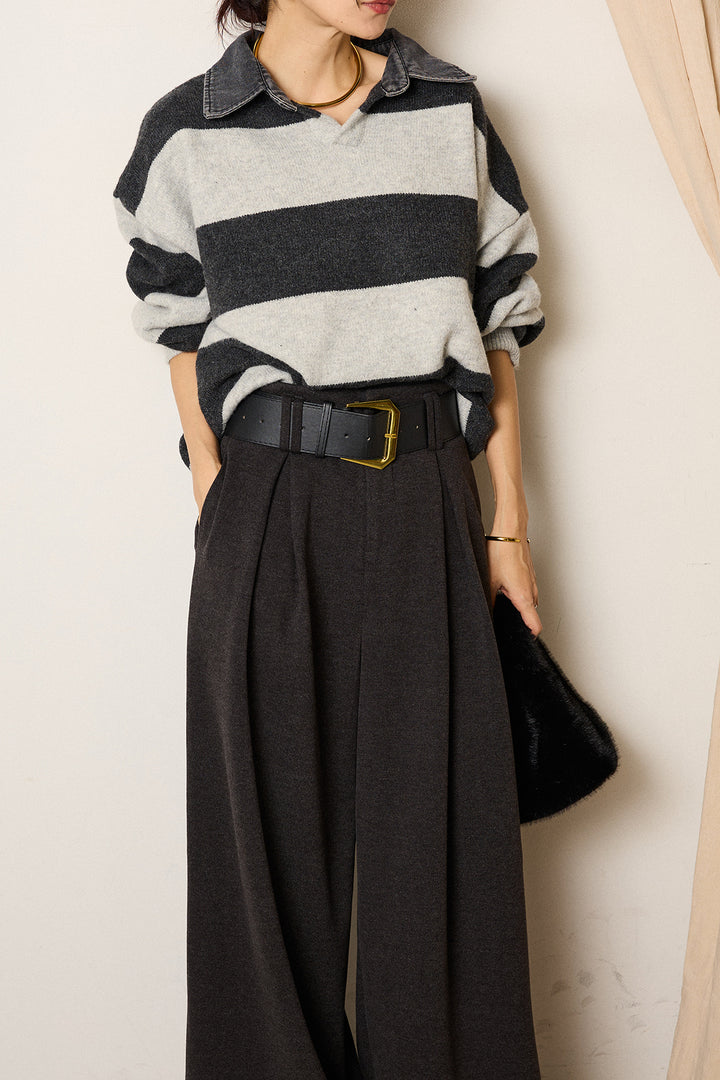[SET]デニムカラーボーダールーズニット+ゴールドバックル太ベルト付きワイドパンツ(2set)