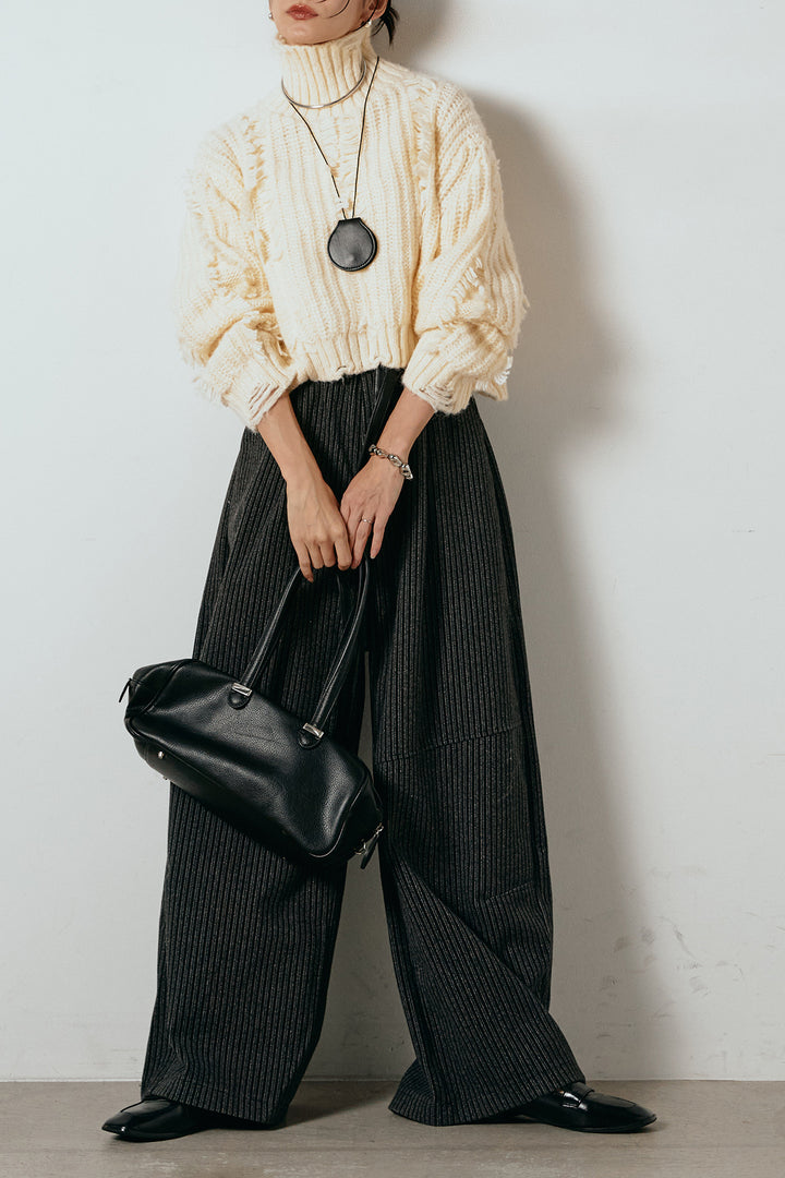 [SET]フリンジタートルショートニット+レザーライク配色ストライプパンツ(2set)