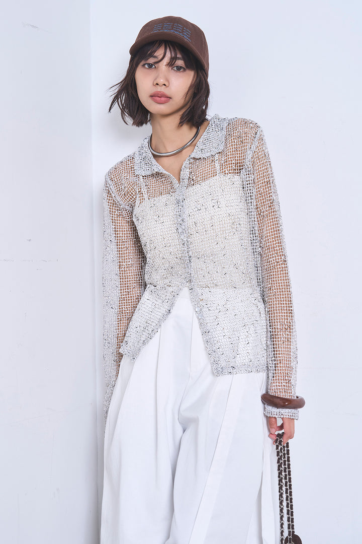 [SET]ネップメッシュポロ襟カーディガン+紐ベルト付きカーブワイドパンツ(2set)